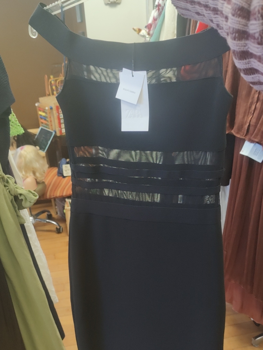 Zara Black Off Shoulder Mesh-Inset Sheath Dress